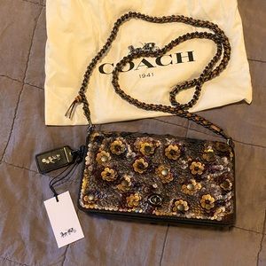 NWT Coach leather beaded floral small handbag clutch removable chain strap
